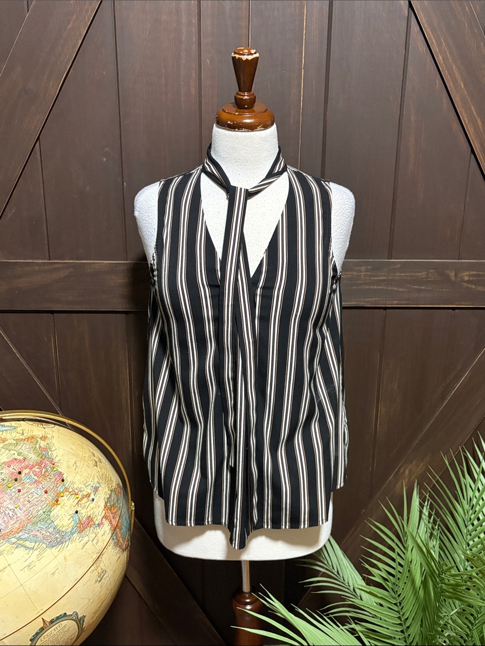 Moon River Black Striped Tie-Neck Sleeveless Tank
